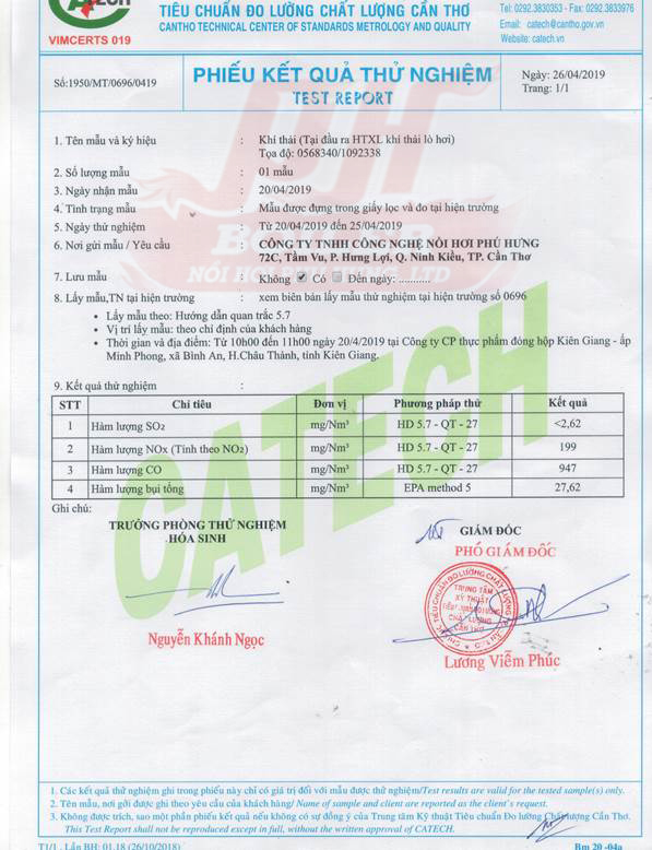 KHÍ THẢI TẠI ĐẦU RA HTXL KHÍ THẢI LÒ HƠI 2019